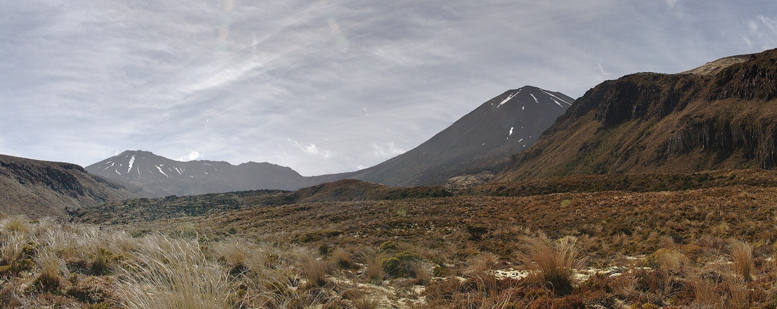 Mount Tongariro and the cone of Ngauruhoe above a tussock valley